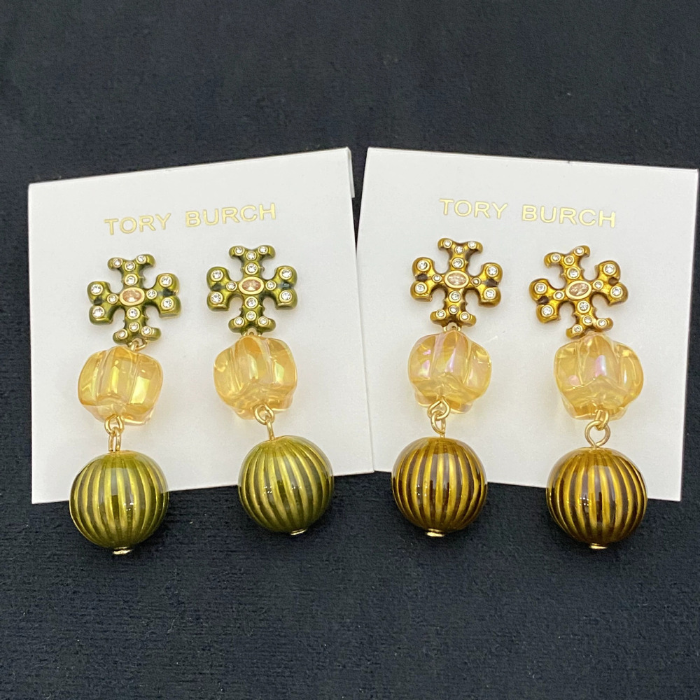 Tory Burch Enamel Letter Inlaid Round Ball Earrings Metal